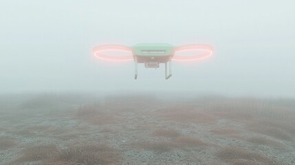 Drone flying over a barren landscape. the drone is in the center of the image, with its wings spread wide and its body facing towards the right side of the frame.