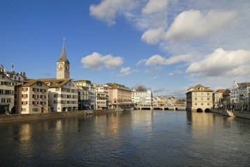 Zuerich - houses in the old town at the Limmatquai - Switzerland, Europe.