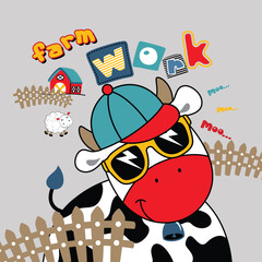 Adorable and cool cow standing on a lush farmland in a vibrant vector illustration.
