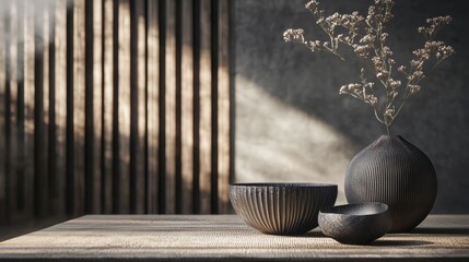 Minimalist composition with ceramic vases and soft shadow play