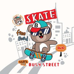 Fototapeta premium Cute bear riding a skateboard on a city street in a playful and vibrant vector illustration. 