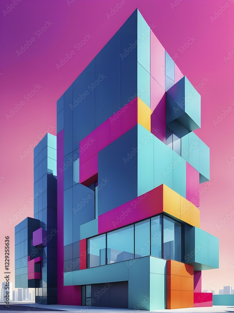 Aufkleber minimalist architectural render composition of modern buildings in simple and clean geometric forms 