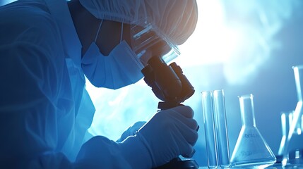 Close Up of a Scientist Using a Microscope, Analyzing a Petri Dish Sample. Developing New Drugs. 