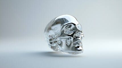 Transparent glass skull sculpture against a white background