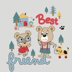 Cute bear and little friend playing together. Fun and joyful animal friendship illustration.
