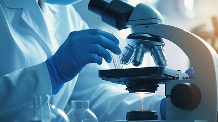 Close Up of a Scientist Using a Microscope, Analyzing a Petri Dish Sample. Developing New Drugs. 