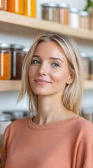 Fototapeta premium Smiling Young Woman with Blonde Hair and Freckles in Front of Spice Jars