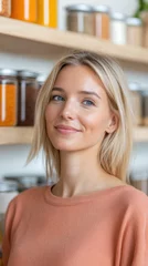 Smiling Young Woman with Blonde Hair and Freckles in Front of Spice Jars © Nana
