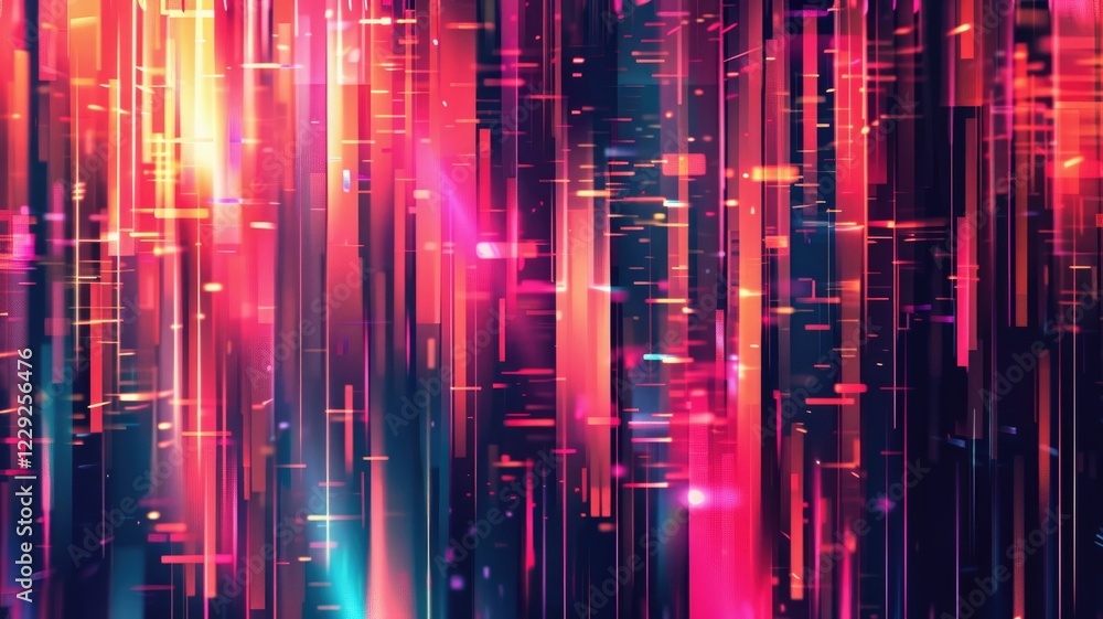 Poster abstract digital art with pink and blue line and geometric shapes with glowing vibrant color glitch 