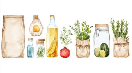 Collection of six different types of glass jars and bottles. on the left side of the image, there is a beige paper bag with a cork stopper.