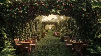 Obraz premium coffee plantation with an endless view of neatly lined coffee trees, each one laden with ripening cherries ready for picking