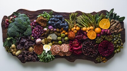 Fototapeta premium Flat lay of a large wooden platter filled with a variety of fresh fruits and vegetables. the platter is rectangular in shape and has a dark brown finish.