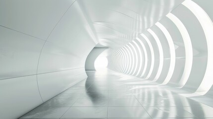 Naklejka premium Futuristic white hallway with glowing LED lights. Modern architectural interior design. Digital artwork of building interior with white color and curving structure. Architectural building. AIG51.