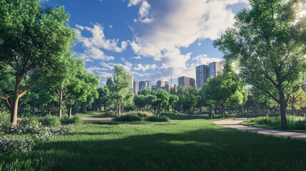 Fototapeta premium lush city park with expansive grass areas and tree-lined paths.