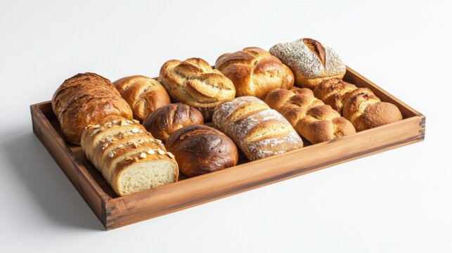 Wooden tray filled with various types of bread. there are 12 loaves of bread in total, arranged in a neat and orderly manner.