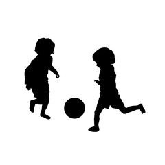 Vector silhouette of children playing soccer, isolated, grouped objects over white background
