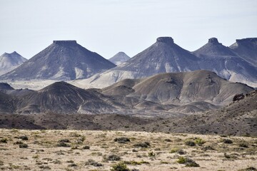 Flattened mountains, erosion, Bosques Petrificados de Jaramillo National Park, Patagonia, Argentina, South America