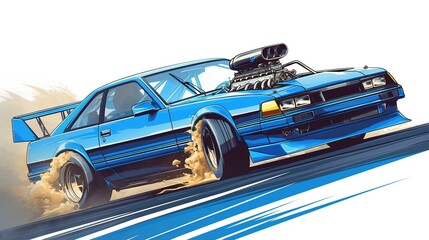 blue drag racing car splash isolated in white background for digital printing and poster.