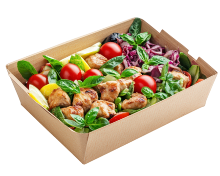 Fresh food delivery box filled with grilled chicken, cherry tomatoes, and vibrant vegetables, perfect for healthy meal option. Enjoy colorful presentation