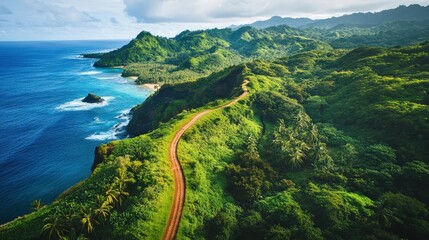 green island with winding trails through tropical forests leading to hidden beaches and secluded coves