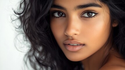 A close-up portrait of a beautiful young woman with dark black hair, and a serene expression, showcasing natural beauty and elegance and tranquility, professional studio portrait photography. White ba
