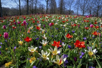 Flower splendour with colourful Tulips (Tulipa) and Crocus (Crocus) in spring, Keukenhof, Lisse,...