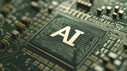 A detailed close-up of an AI chip on a green circuit board, AI generated