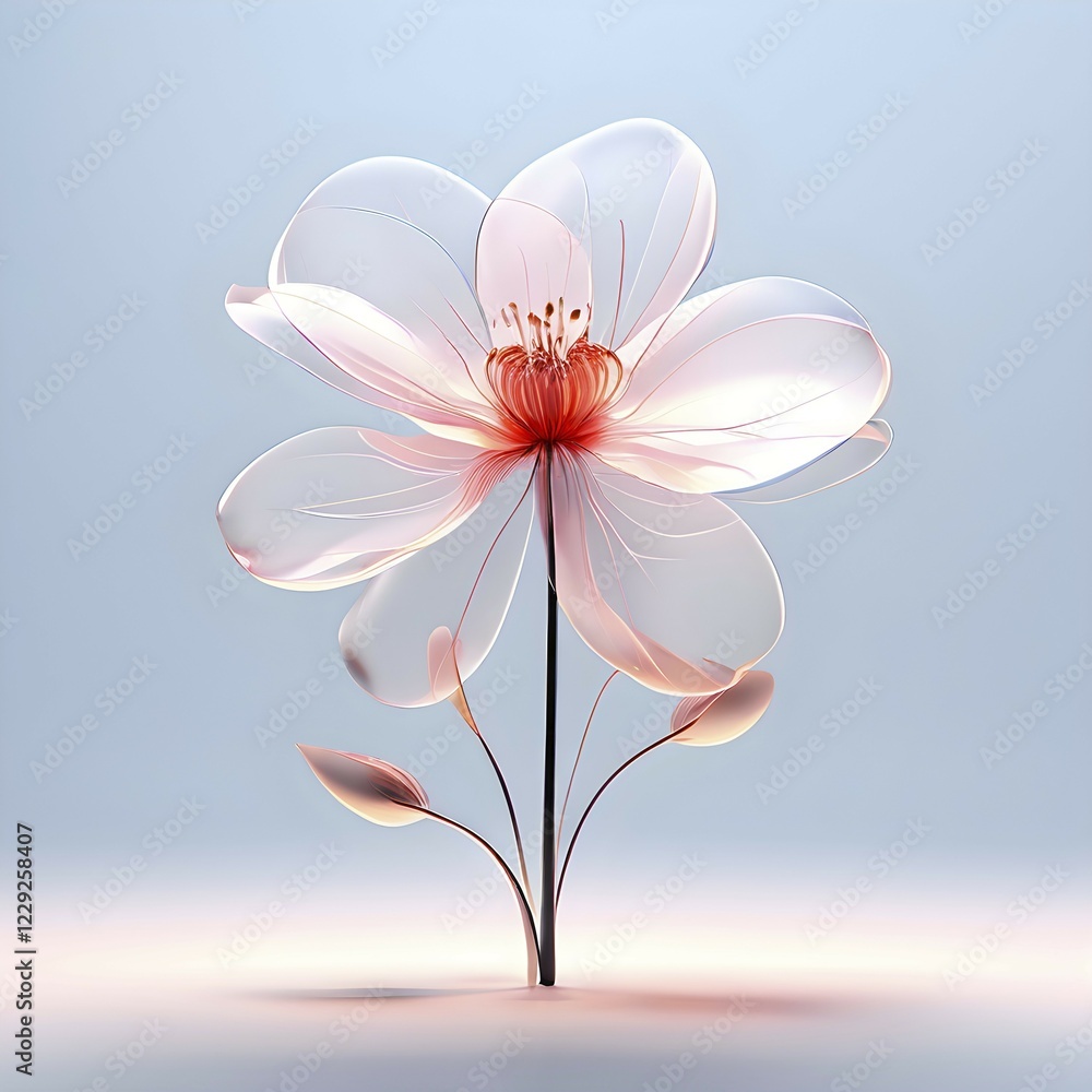Poster digital rendered flower evolving in a futuristic forward botanical concept with minimalistic forms, 