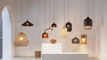 Contemporary hanging lamps in different shapes and sizes, beautifully showcased in a showroom with a clean white wall.