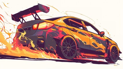 digital car with fire, Sticker, Adorable, Muted Colors, Hand Drawn, Contour,