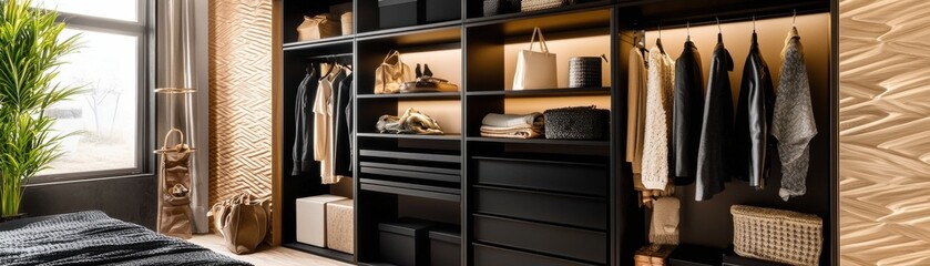 Stylish modern wardrobe interior with organized clothing storage.