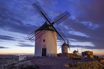Windmills of Consuegra at dusk, Toledo province, Castilla-La Mancha, Spain, Europe