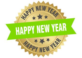 happy new year. happy new year round green and gold label isolated on transparent background