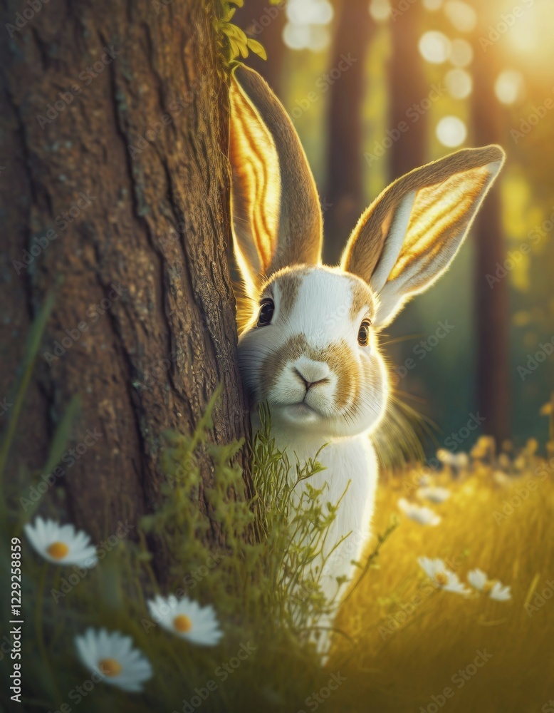Poster cute rabbit hiding behind a tree in the forest. generative ai art, ai generated