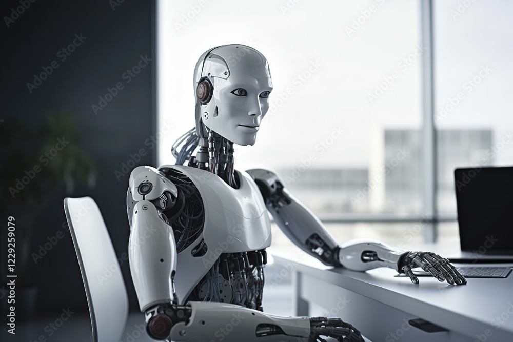 Poster a white ai robot working at a desk, computer keyboard in front of monitor, ai generated
