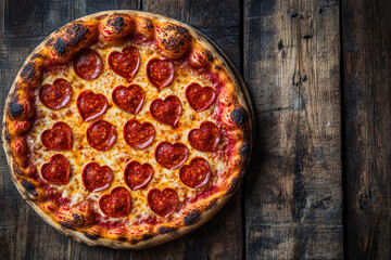 A delicious pizza topped with heart-shaped pepperoni slices, baked to perfection, displayed on a rustic wooden table. Perfect for romantic or Valentine's Day themes.