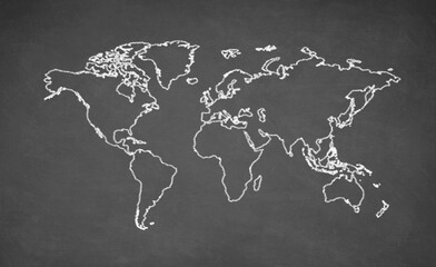 World map drawn on chalkboard. Chalk and blackboard