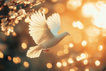 White pigeon gracefully glides through a warm, golden light, surrounded by soft bokeh. The minimalist composition captures tranquility and freedom in nature's beauty