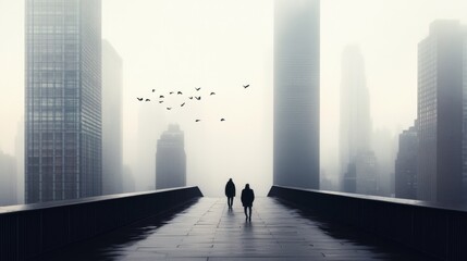 Two figures walk on a foggy city bridge.