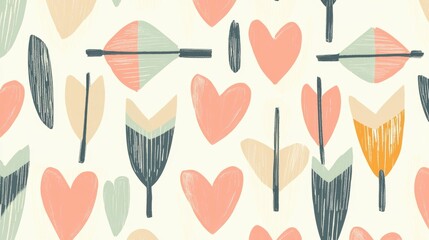Seamless pattern with a white background. it features multiple heart-shaped arrows in different colors - pink, orange, green, and blue.