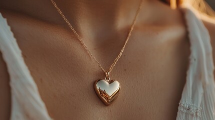 Close-up of a woman's neck and upper chest area. she is wearing a gold necklace with a heart-shaped pendant. the pendant is in the shape of a heart and appears to be made of a shiny gold material.