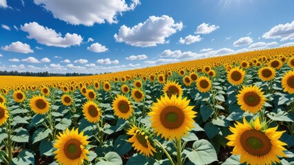 Fototapeta premium A bright and cheerful field of sunflowers with a clear blue sky