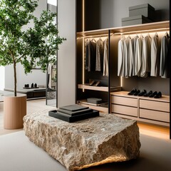 Stylish wardrobe design featuring natural elements and modern decor.