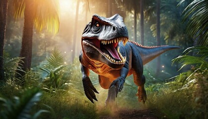 A dinosaur Tyrannosaurus Rex roaring in a prehistoric forest with lush vegetation, AI generated