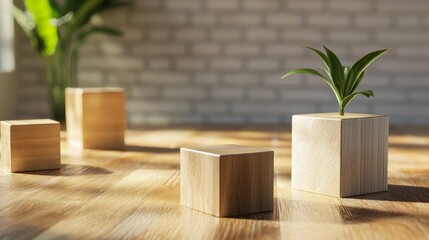Minimalist wooden blocks with plant decor
