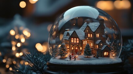 magical snow globe setting with a miniature holiday village lit up from within.