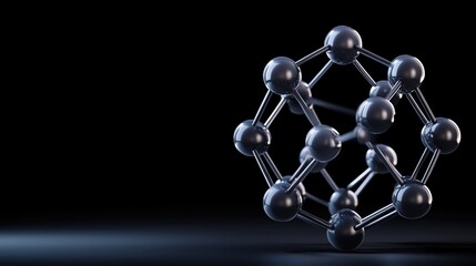 Close-up of a molecular structure with metallic spheres connected by rods on a black background. Scientific and futuristic concept.