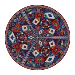 Decorative round Palestinian Tatreez design element over white background, vector illustration