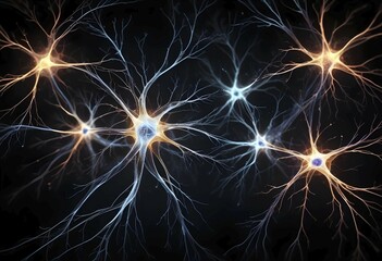 Obraz premium Glowing neurons with a dark background, showcasing an intricate neural network in blue and orange tones, AI generated