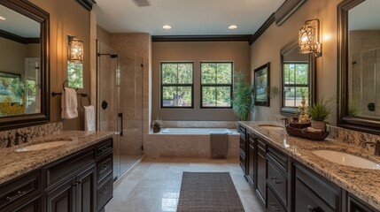 Elegant and stylish luxury bathroom with granite vanity, contemporary lighting, and soft-glow LED mirrors.